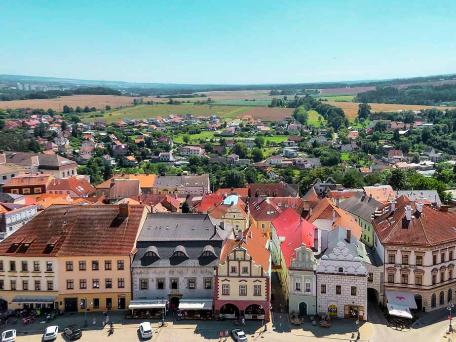 Views of the colorful plaza in Tabor Czech Republic from Church Tower