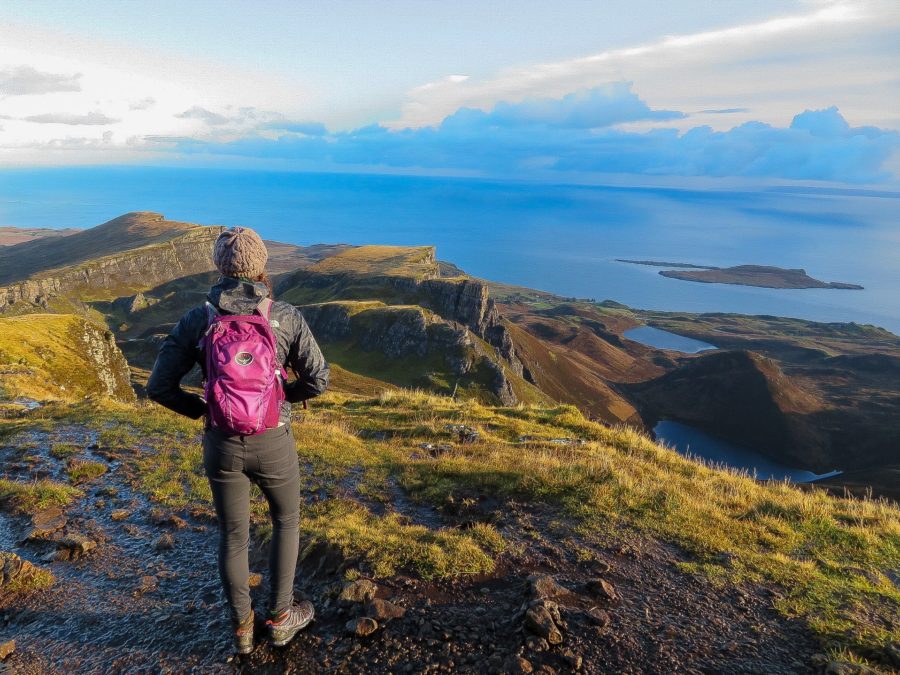 woman, Quiraing, ocean, grass, cliffs, lakes, sky, clouds, scotlan, build a house sitting profile