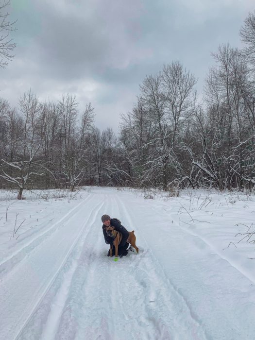 women, dog, snow, trees, sky, clouds, winter, snow