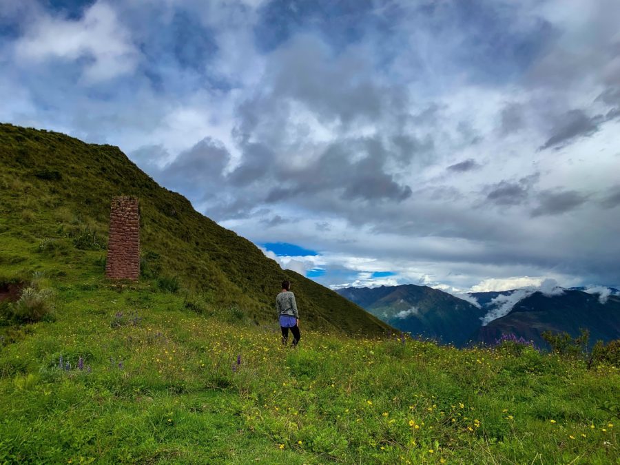 woman, Inca ruins, grass, wildflowers, mountains, sky, cloud, viewpoint, Saywa Mountain