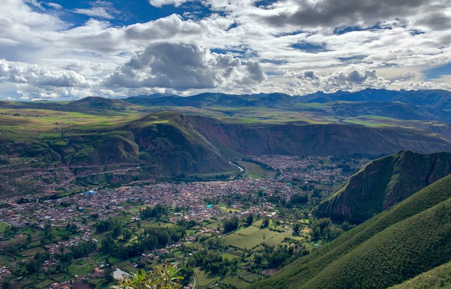 Saywa Mountain, Sacred Valley, views from Saywa, Urubamba from above, base from Urubamba, clouds, sky, mountains, valley, grass, trees, plants