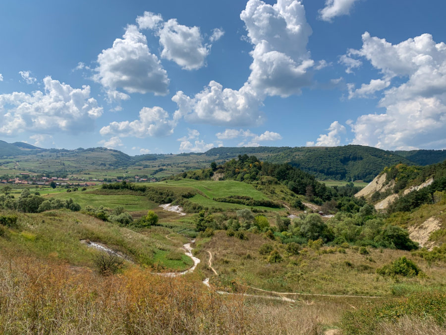 Salt Hill Nature Reserve, Praid, Transylvania, discover Transylvania, off the beaten path Transylvania, trees, path, grass, hills, clouds, sky