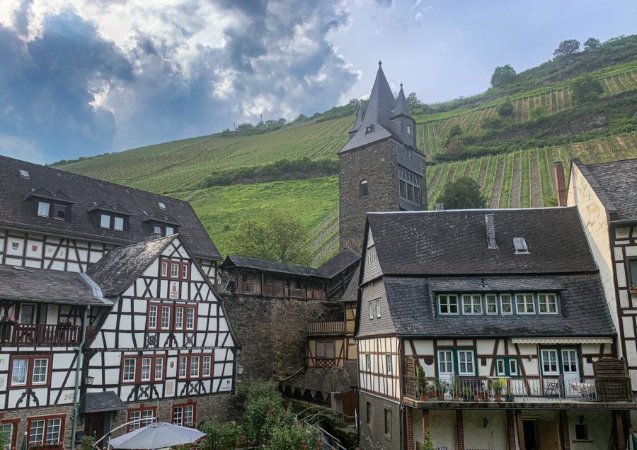 Bacharach, Rhine River Valley, church, houses, vineyards, clouds, sky, plants, trees, grass