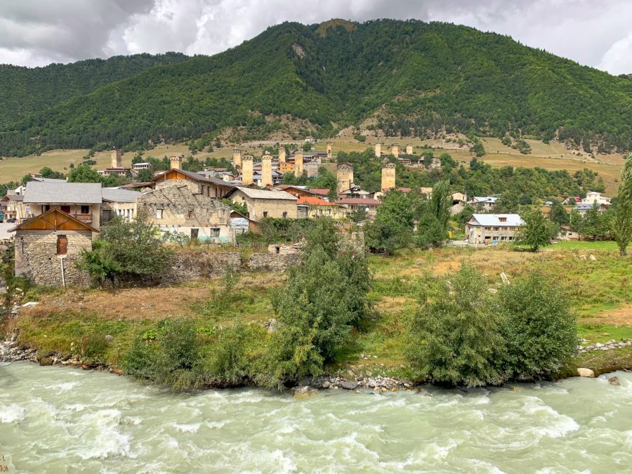 things to do in Mestia, tbilisi to mestia, svaneti region, svan towers, river, buildings, caucasus mountains