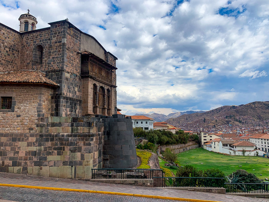 Cusco, Church, building, Qorikancha, grass, stones, clouds, terraces, Inca ruins, Cusco and Sacred Valley Itinerary, grass, houses