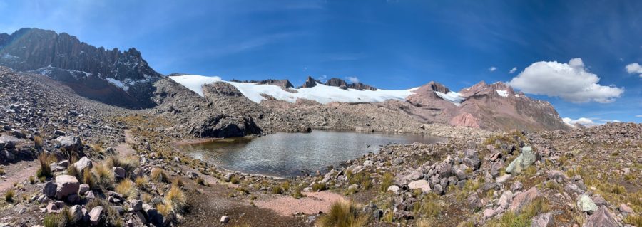 Chicón trail, path, grass, rocks, stones, glacier, snow, clouds, sky, mountains, alpine lake