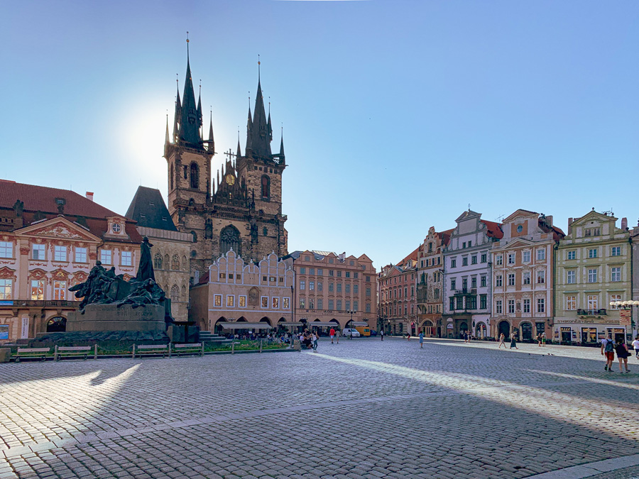 Prague, Old Town Square, Plaza, buildings, spires, sky