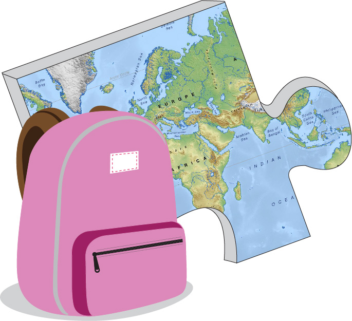 Packing up the pieces pack logo, back pack, solo travel, puzzle piece with world