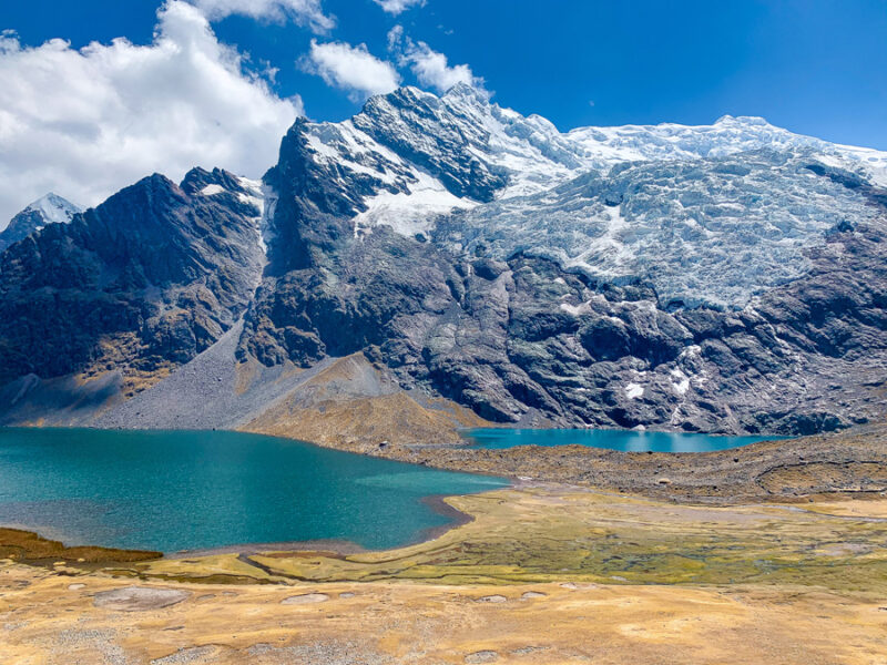 Hatun Pucacocha, Ausangate Trek, alpine lakes, mountain, Ausangate, glacier, grass, clouds, sky