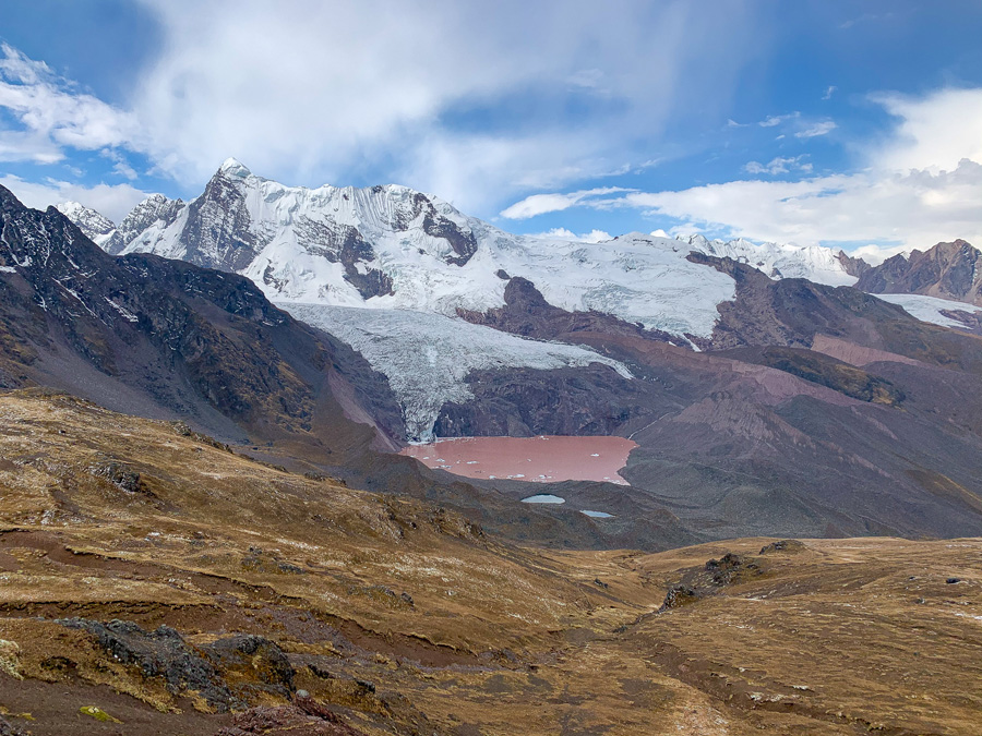 Red Lake, Ausangate hike, mountains, glacier, grass, clouds, sky