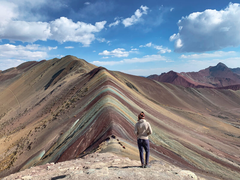 Ausangate Trek, Rainbow mountain, Vinicunca, Montaña de Siete Colores, woman, mountains, clouds, sky, epic hikes near Cusco, famous landmarks in Peru