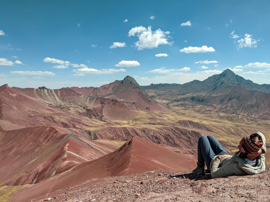woman, Red Valley in Peru, Red Mountains, clouds, sky, dirt, Ausangate Trek