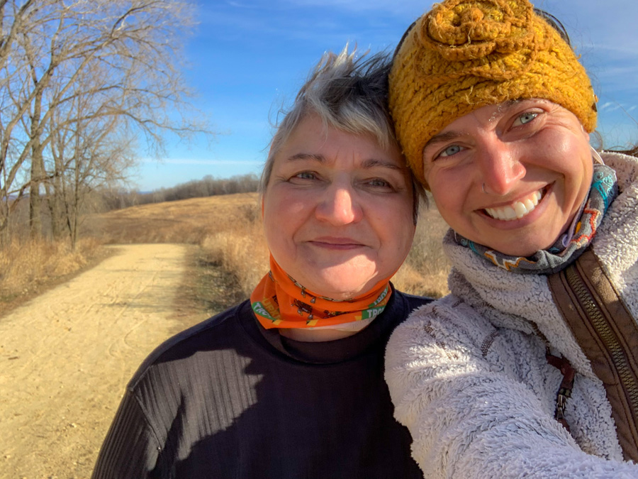two women smiling, path, trail, Human powered trails in LaCrosse Wisconsin, trees, sky