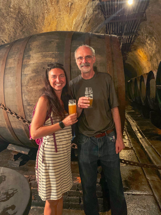 me and dad in the Pilsner Urquell Brewery underground sampling a fresh pilsner beer