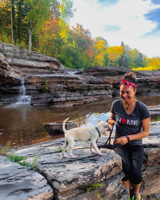 Bonanaza Falls, Porcupine Mountains, Upper Michigan, Michigan State Parks, waterfall, fall colors, woman, dog, sky, clouds, rocks