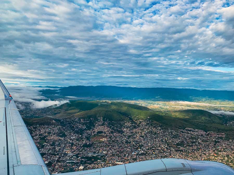 Oaxaca city, plane ride, Oaxaca from the air, Monte Alban, mountains, plane, clouds