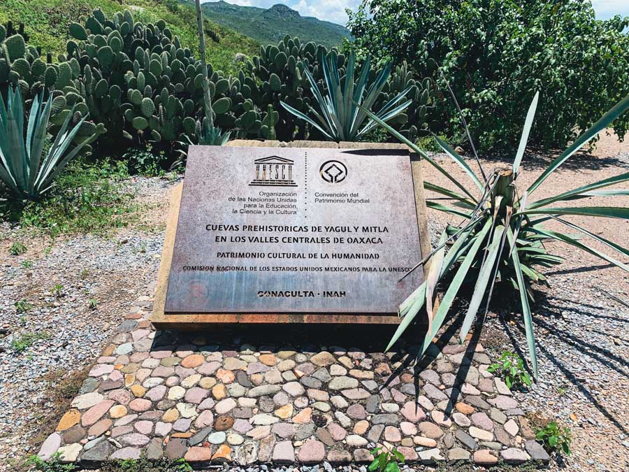 Prehistoric caves of Yagul and Mitla, signboard, agave plants, Oaxaca to Mitla attractions