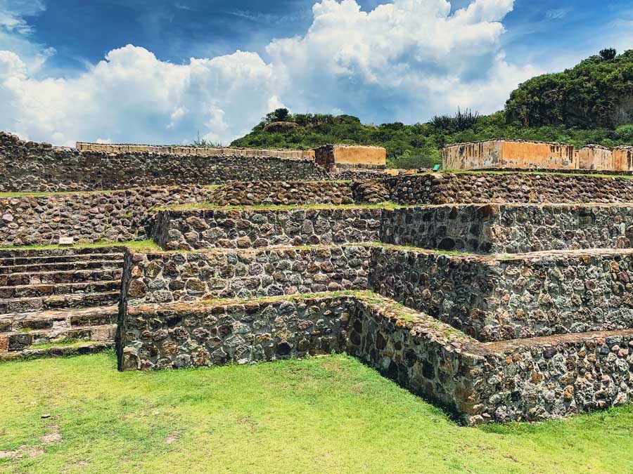 Yagul Archaeological Site, ruins in Oaxaca, terraces, mountains, Valley of Oaxaca, trees, clouds, sky, Yagul ruins