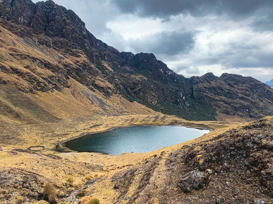 one day lares hike, lares trek, alpine lake, mountains, path to Huilquijasa Pass, lares valley, clouds, sky