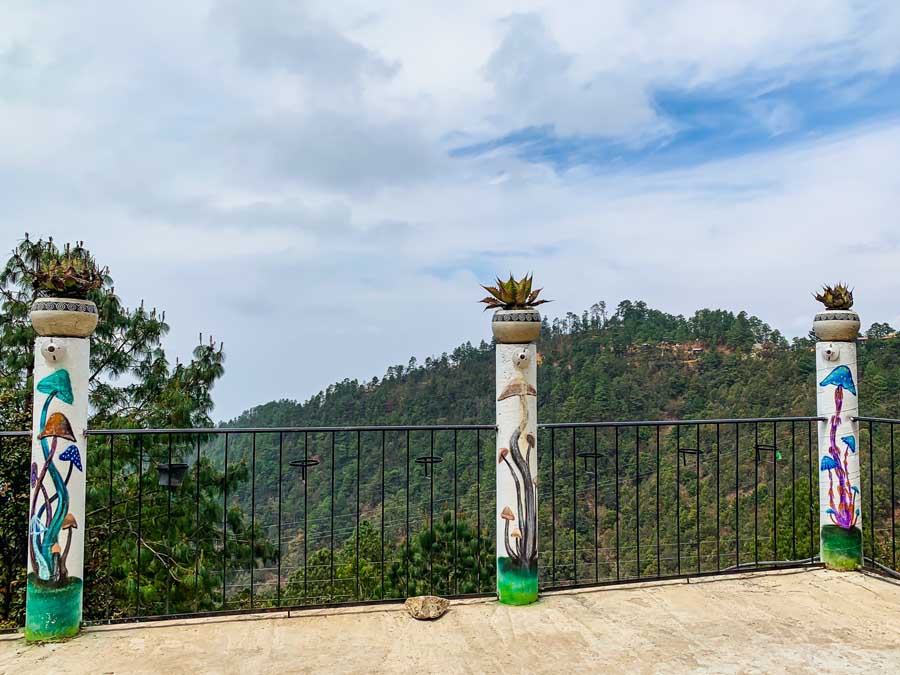 Virgen de Guadalupe observation deck, mushroom paintings, san jose del pacifico mirador, mountain, cloud, sky