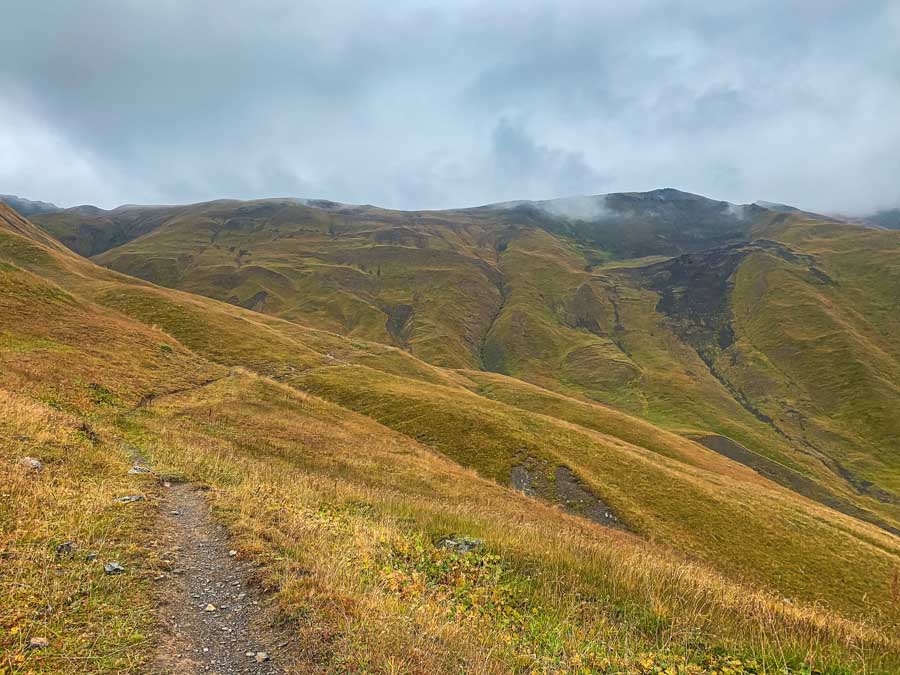 trail, mountains, roshka village to juta village, clouds, sadzele pass route