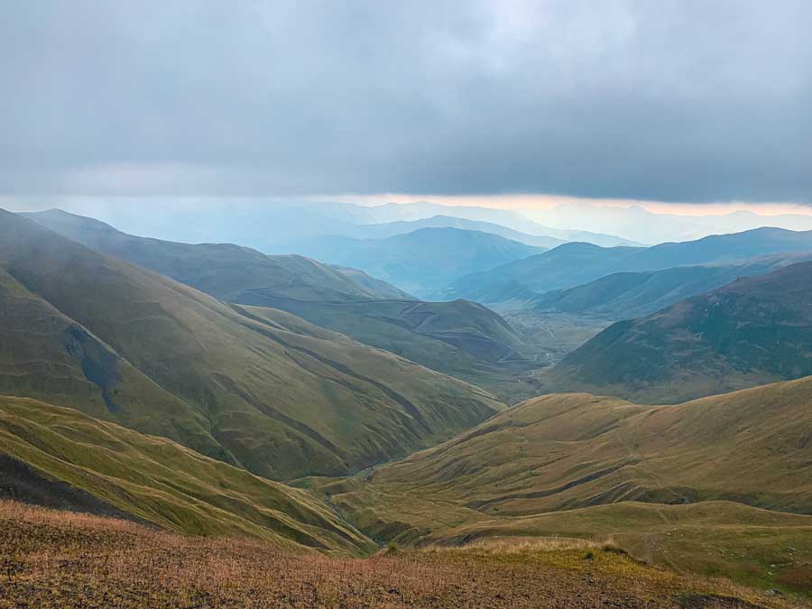 Sazadle Pass, Juta, Roshka, mountains, grass, river, viewpoint, clouds, sky, hiking trail, Georgia