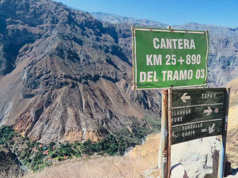 sangalle oasis village signboard, colca canyon hiking routes, steep canyon, colca canyon trail markers 