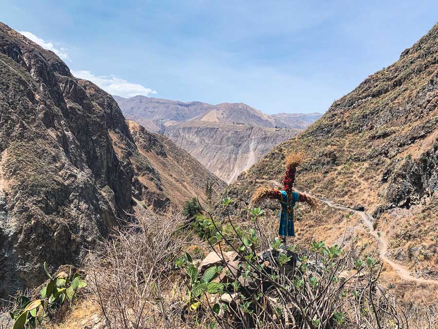 fure to llahuar colca canyon hiking route, scarecrow, second deepest canyon in the world, colca canyon trek, colca canyon without a tour