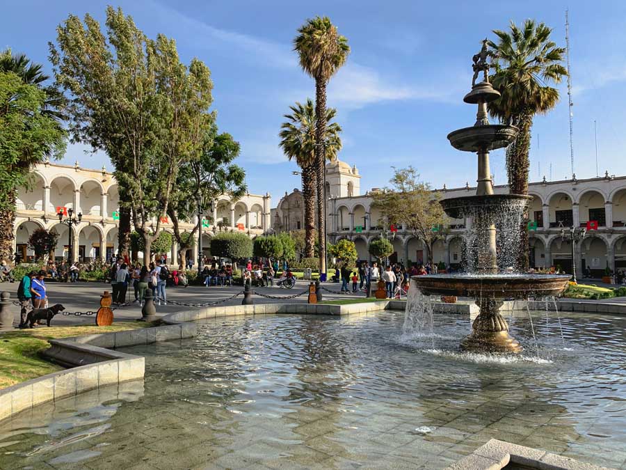 Arequipa Plaza de Armas from the main waterfountain fountain