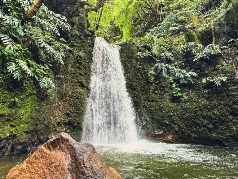 Salto do Prego waterfall in a jungle like landscape on São Miguel Azores