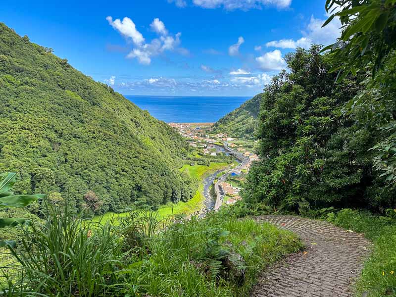 stunning ocean views on the cobblestone street from the lost village of Sanguinho to Faial da Terra Sao Miguel Azores