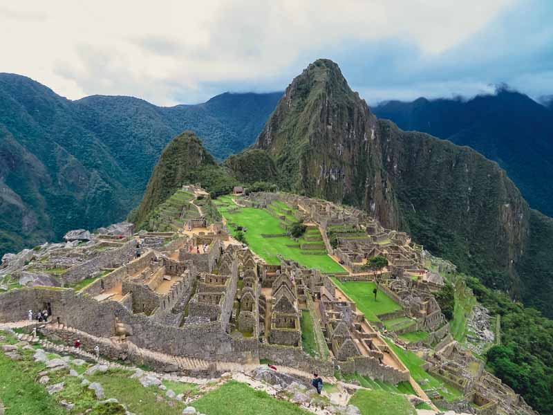 Machu Picchu Inca Terraces and ruins with the mountains of Wayna Picchu and Huchuy Picchu in the backdrop